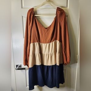 SHEIN Curve 4XL Color Block Brown Blue Long Sleeve‎ Dress